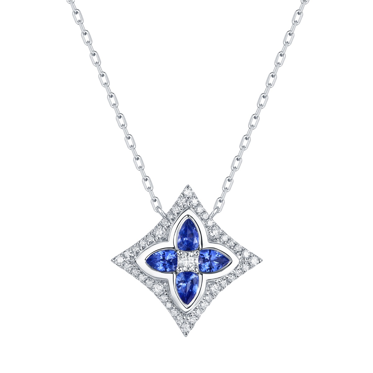 NL36381WBS – 18K White Gold  Diamond and Gemstone Necklace, 0.98 TCW